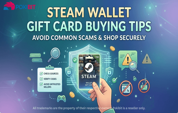 Steam Wallet gift card safety tips banner with scam alerts and secure buying icon