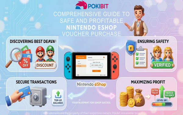 Nintendo eShop Voucher purchase guide banner with Nintendo Switch and secure gaming vouchers